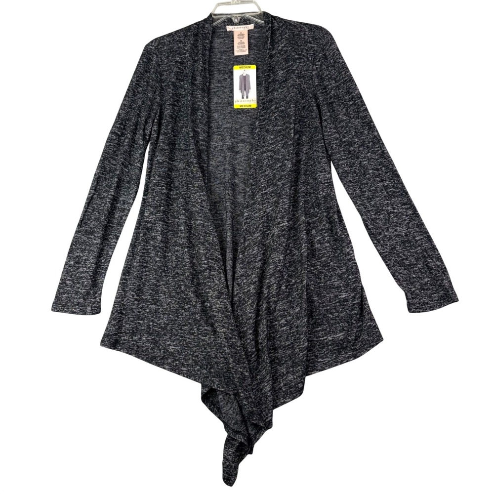 Philosophy M Black Heather Open Front Waterfall Cardigan Sharkbite Hem Knit New